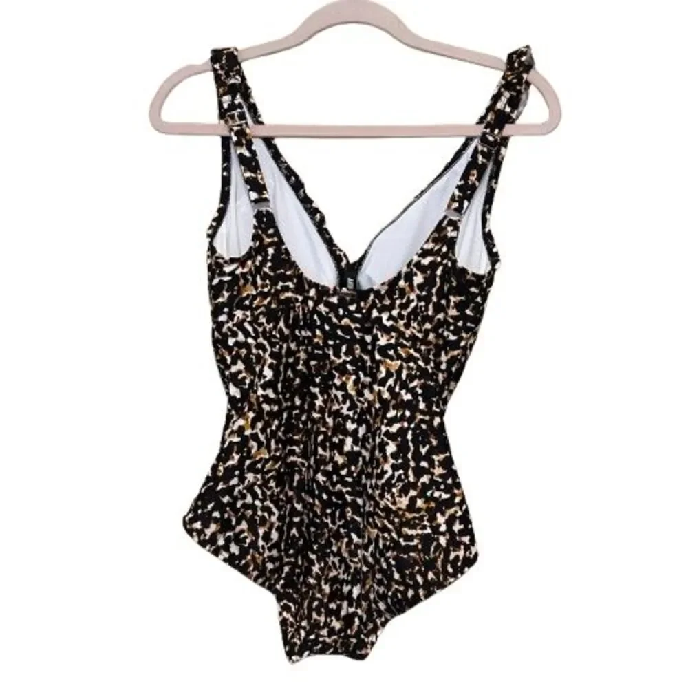 NWOT DKNY One Piece Swimsuit Womens Size 10 Leopard Print Ruched Tummy Control - Picture 2 of 5
